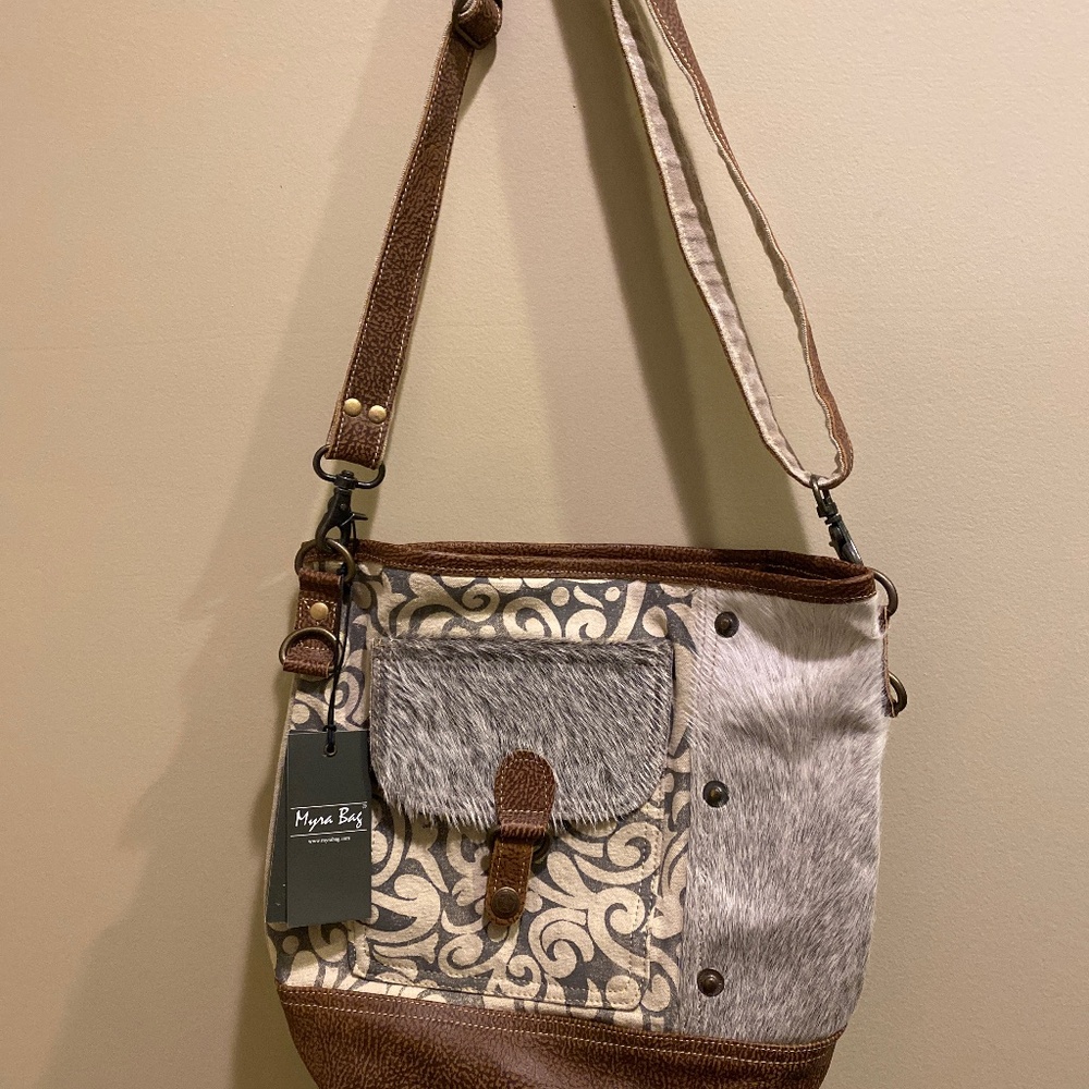 Myra Bag Shoulder bucket style bag cowhide and canvas
